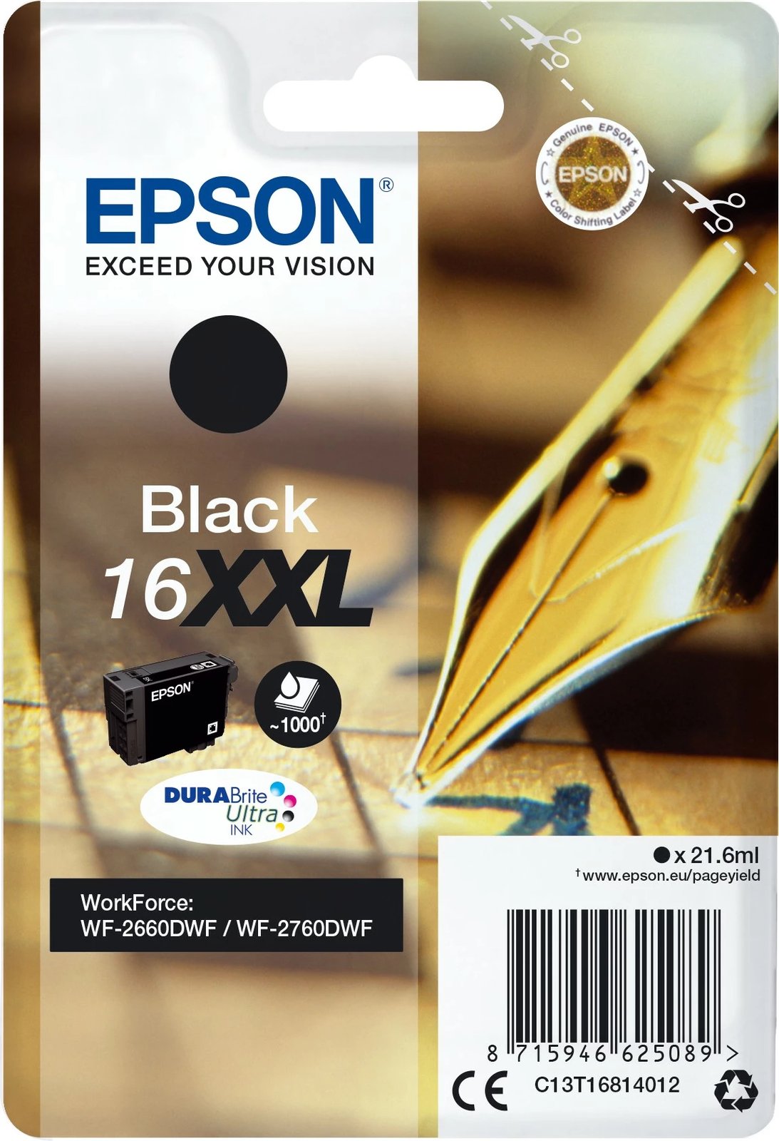 Toner Epson Singlepack Black 16XXL DURABrite Ultra, Extra High Yield, 21.6 ml, e zezë
