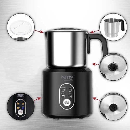 Shkumues qumështi, Camry, CR 4498, 350 ml qumësht i nxehtë / 250 ml shkumë, 500W, kupë inoksi, mbyllje automatike, i zi