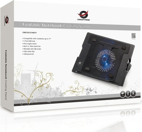 Mbajtëse ftohëse laptopi Conceptronic 1-Fan, USB-A 2.0, deri 17 inç, e zezë