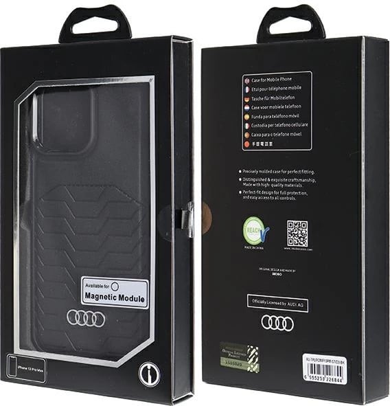 Mbështjellës Audi për iPhone 13 Pro Max, lëkurë sintetike, MagSafe, zi