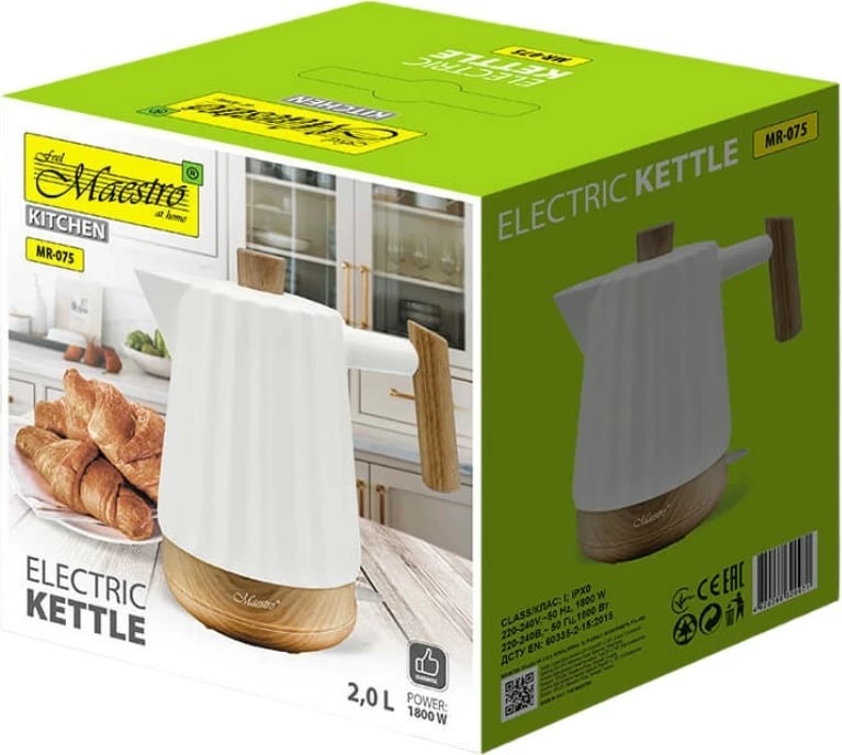 Çajnik elektrik Feel-Maestro MR-075, 2.0L, 1800W, qeramikë, bambu, Bardhë