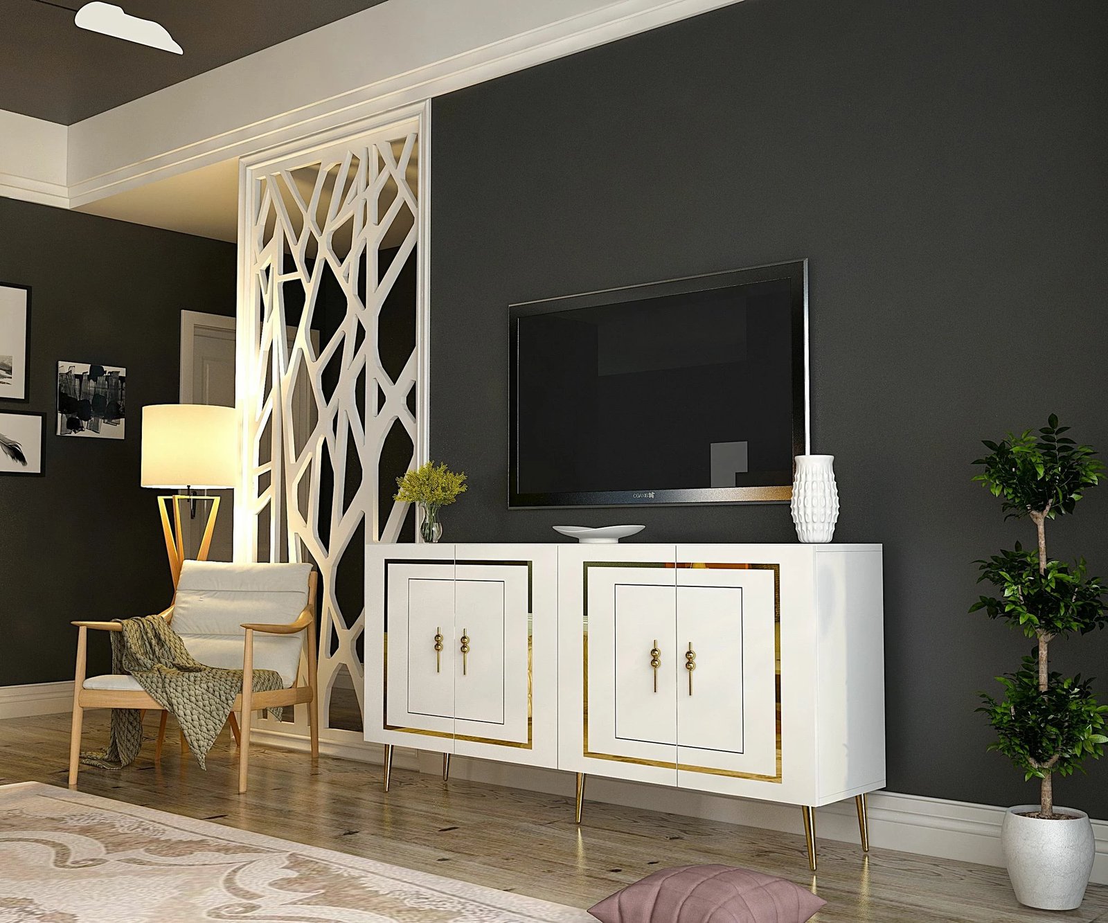 Konsolë moderne, e bardhë dhe e artë, Skye Decor, Piero KB150