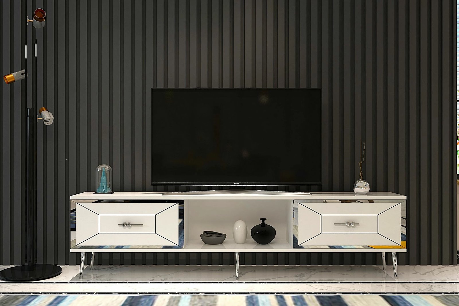 Komodë TV Skye Decor, Arno, e bardhë, argjend