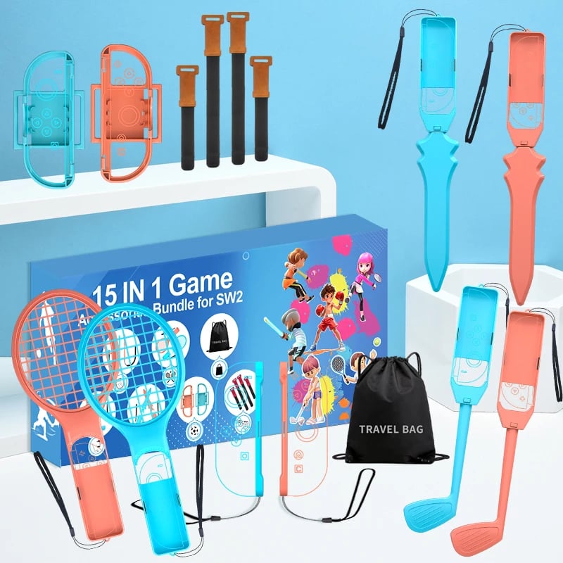 Set aksesorësh lojërash sportive për Nintendo Switch 2, Hurtel, Family Accessory Pack 2 15-in-1, me çantë udhëtimi, portokalli dhe kaltër, set 15 copë