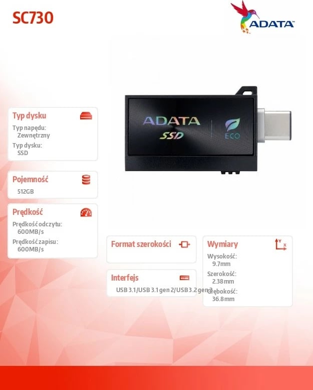 SSD i jashtëm Adata SC730, 512 GB, USB 3.2C/A, i zi