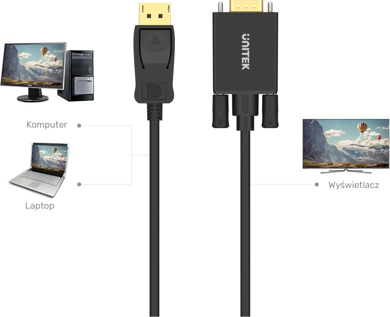 Kabllo Unitek DisplayPort - VGA, 1.8m, e zezë 