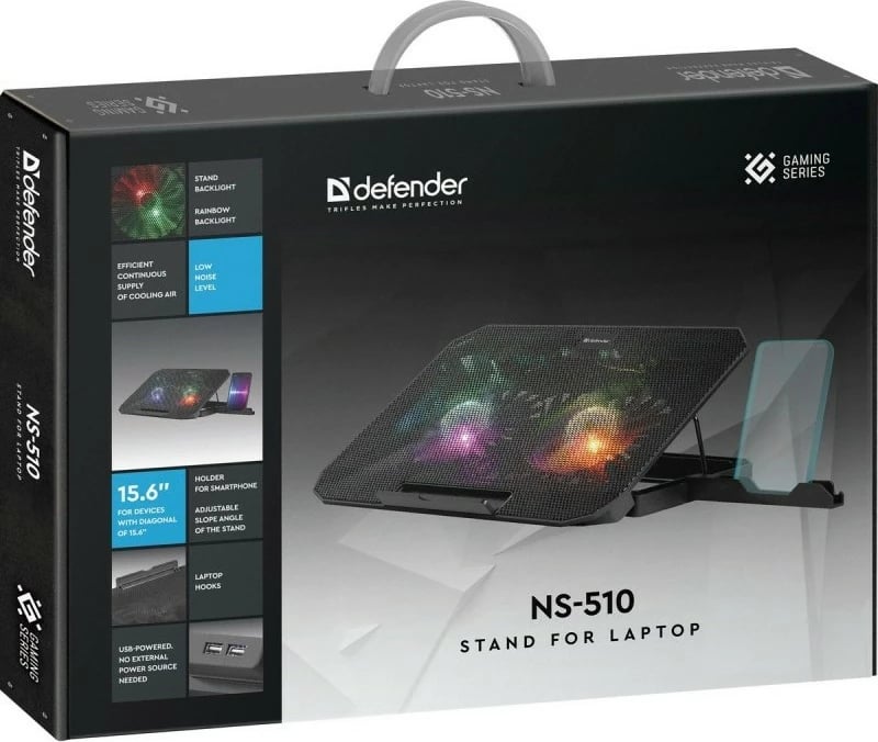 Ftohës laptopi, Defender, NS-510, 15.6", 2x ventilator 14 cm, 2x USB, RGB, i zi