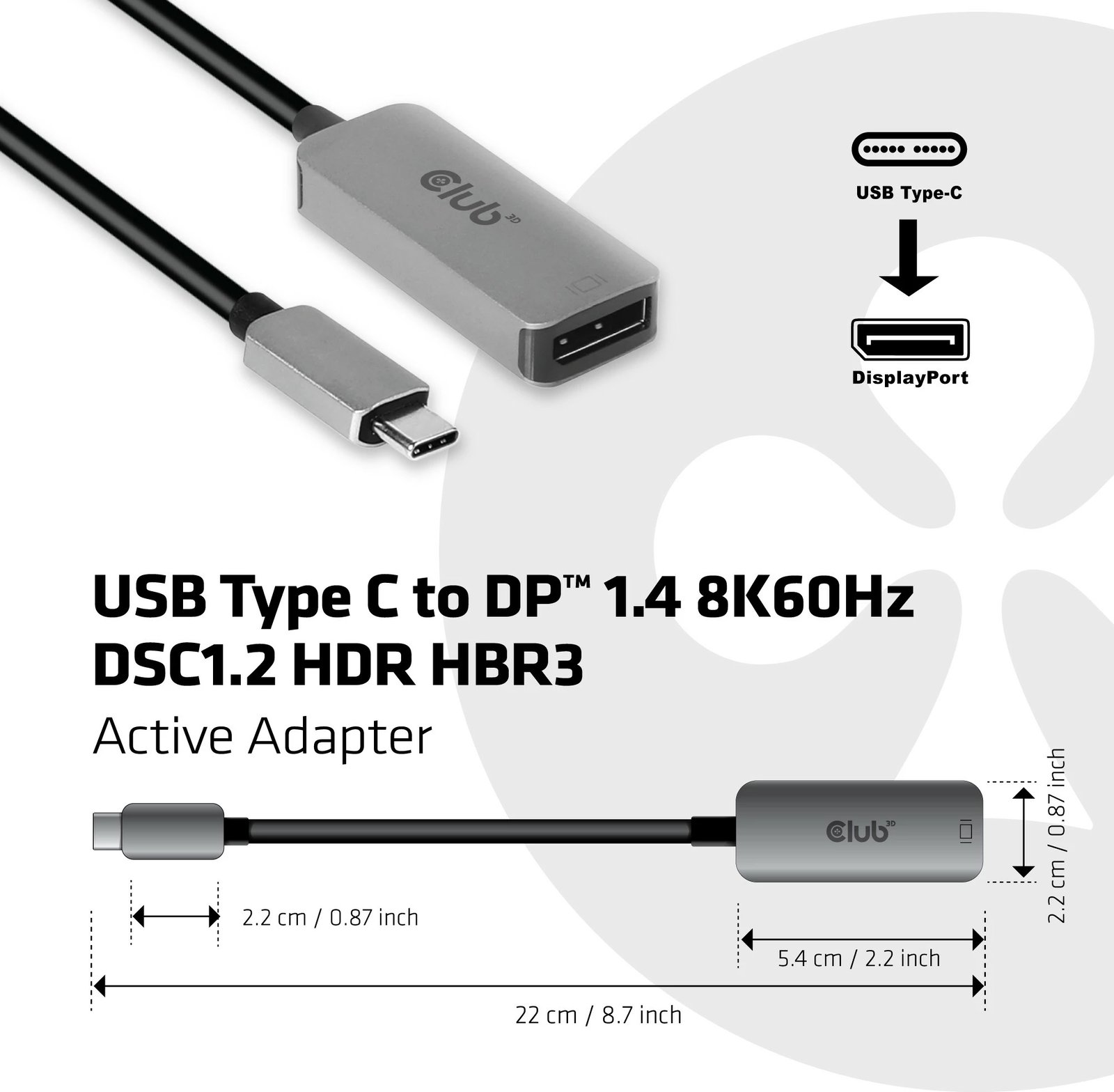 Adapter Club3D USB Type-C në DisplayPort 1.4, 8K60Hz, i zi/argjendtë