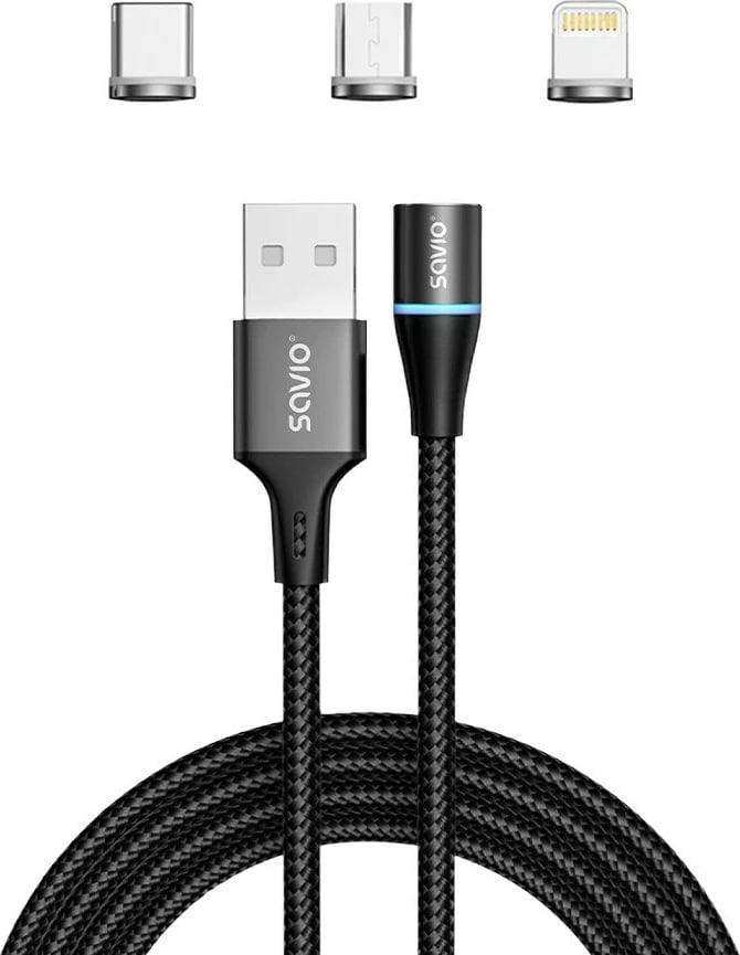 Kabllo magnetik USB Savio CL-152, 1m, 3 konektorë (Type-C, Micro, Lightning), Zi