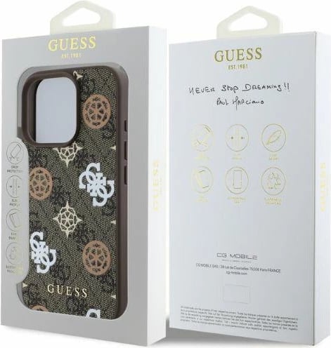 Mbështjellës Guess Peony On 4G Background MagSafe për iPhone 16 Pro, Kafe