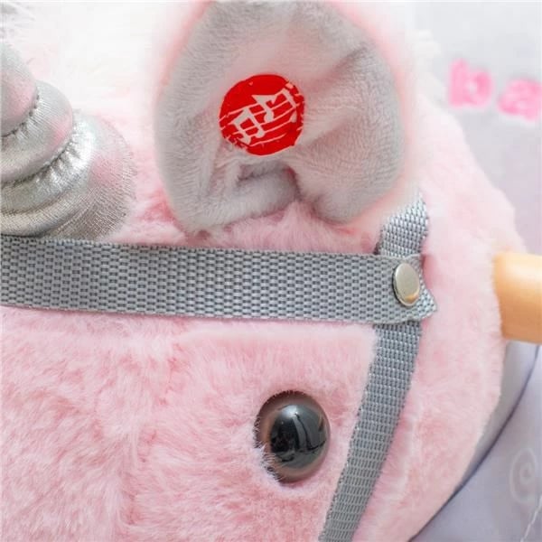 Lodër lëkundëse, Baby Mix, njëbrirësh me melodi, sedilje me mbështetëse dhe rripa sigurie, bazë druri, rozë