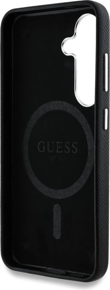 Mbështjellës Guess Grained Triangle Logo MagSafe për Samsung Galaxy S25, i zi Mbështjellës Guess Grained Triangle Logo MagSafe për Samsung Galaxy S25, i zi