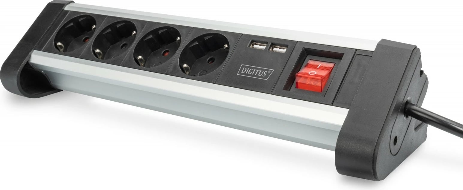 Prizë zgjatuese Digitus DA-70614, 4 dalje Schuko, 2x USB, alumini/zezë, 1.5m