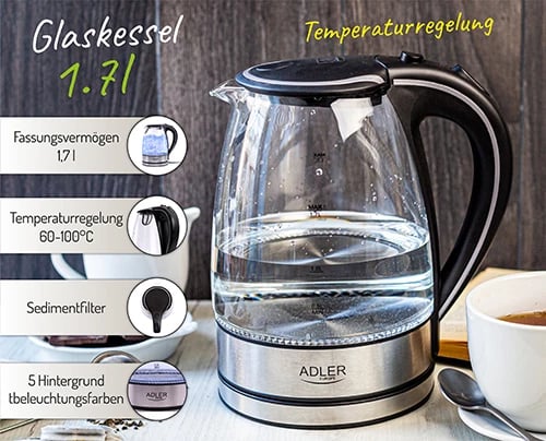 Çajnik elektrik, Adler AD 1225, 1.7 L, qelq, 1850–2200W, bazë 360°, ndriçim LED, filtër sedimenti, e zezë