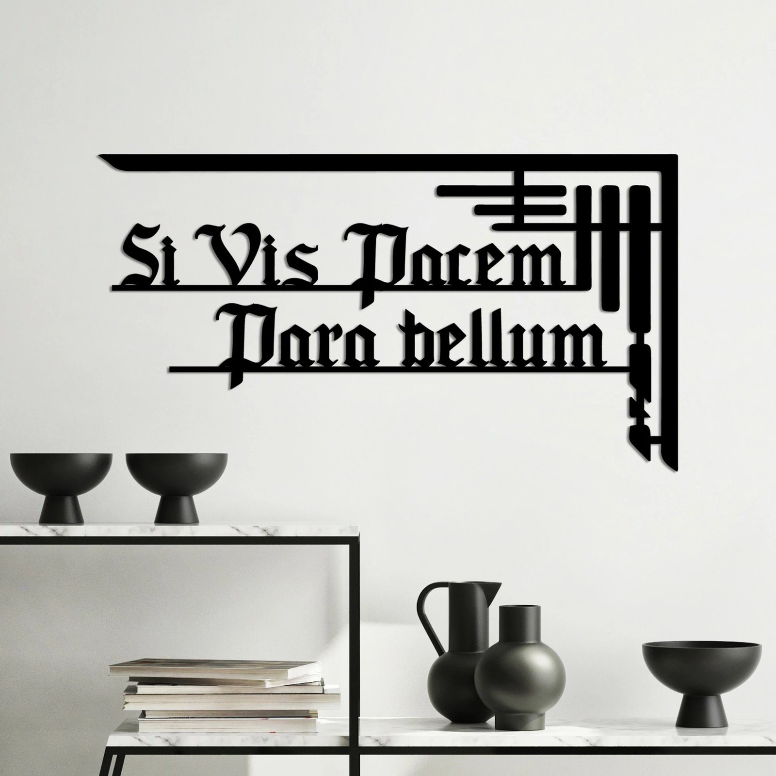 Aksesor dekorativ metalik për mur, Wallity, Si Vis Pacem 1, ngjyrë e zezë, 60x33cm