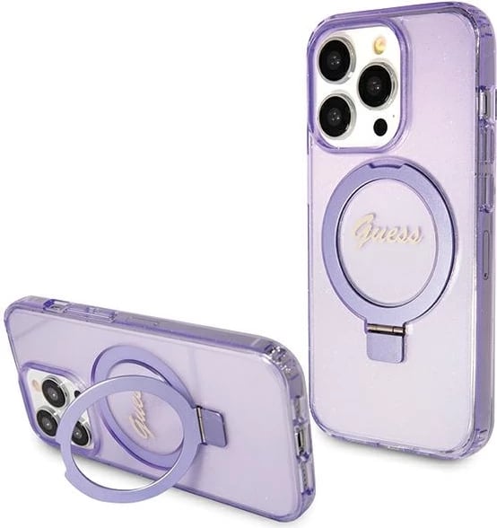 Mbështjellës Guess Ring Stand Script Glitter MagSafe për iPhone 15 Pro Max, vjollcë