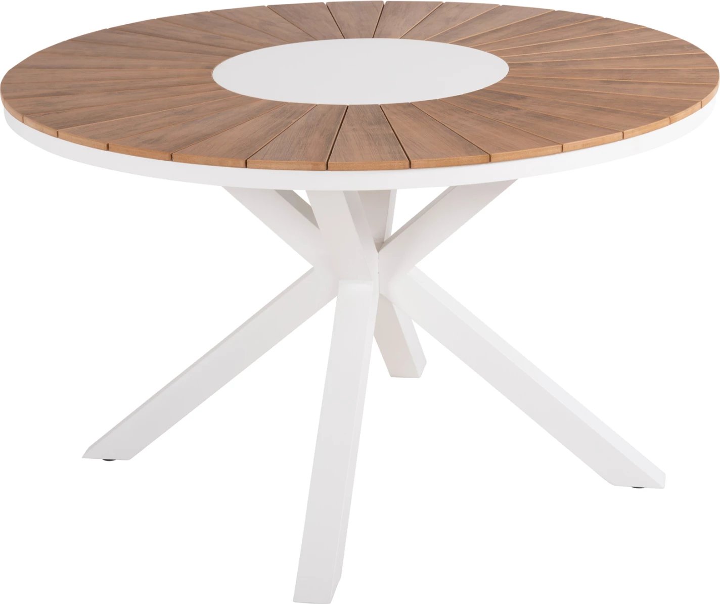 Tavolinë e rrumbullakët për jashtë, MORIL FH6041.02, alumin në të bardhë, polivud në ngjyrë druri natyral, Φ120cm