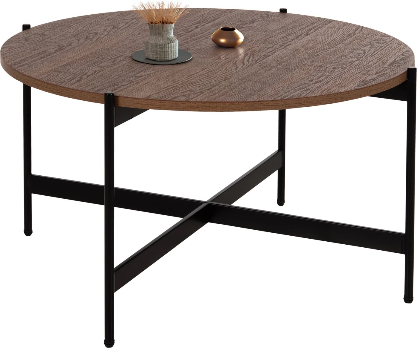 Tavolinë kafeje FH9588.04 MDF ngjyrë arre, bazë metalike e zezë Φ80x45H cm