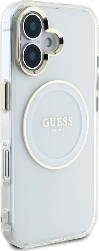 Mbështjellës Guess IML Metal Colored Circle Classic Logo MagSafe për iPhone 16, Bardhë