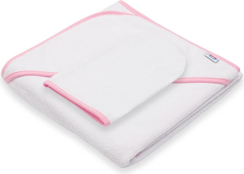 peshqir bebe me kapuç, New Baby, BASIC, 80x80 cm, e bardhë-rozë, me leckë larëse