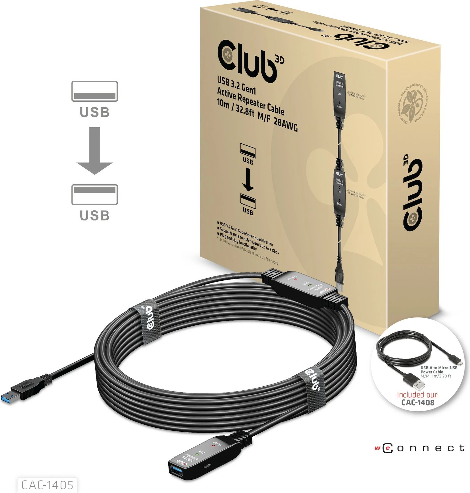 Kabllo USB zgjatues Club3D 10m, USB 3.2, e zezë