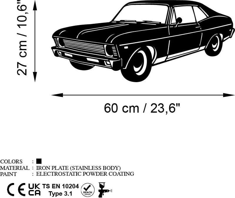Aksesor dekorativ metalik për mur, Chevrolet Nova 1972, sedan klasik, ngjyrë e zezë, 60x27cm