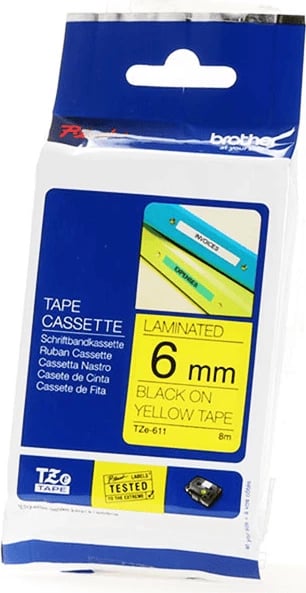 Shirit etiketimi Brother TZe-611 6 mm 8 m i laminuar, e zezë në të verdhë