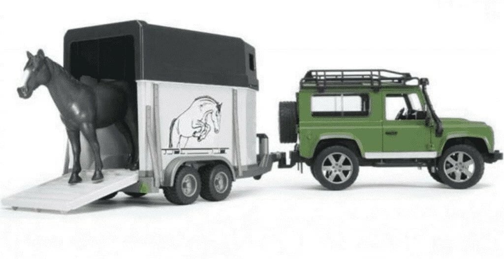 Set lodër automjet terren Land Rover me rimorkio për transport kali dhe figurine, BRUDER BR-02592, shkallë 1:16, shumëngjyrësh, set