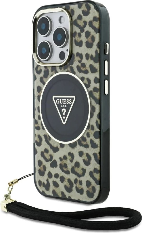 Mbështjellës Guess HC IML Leopard Triangle Cord Strap për iPhone 16 Pro, MagSafe, Kafe