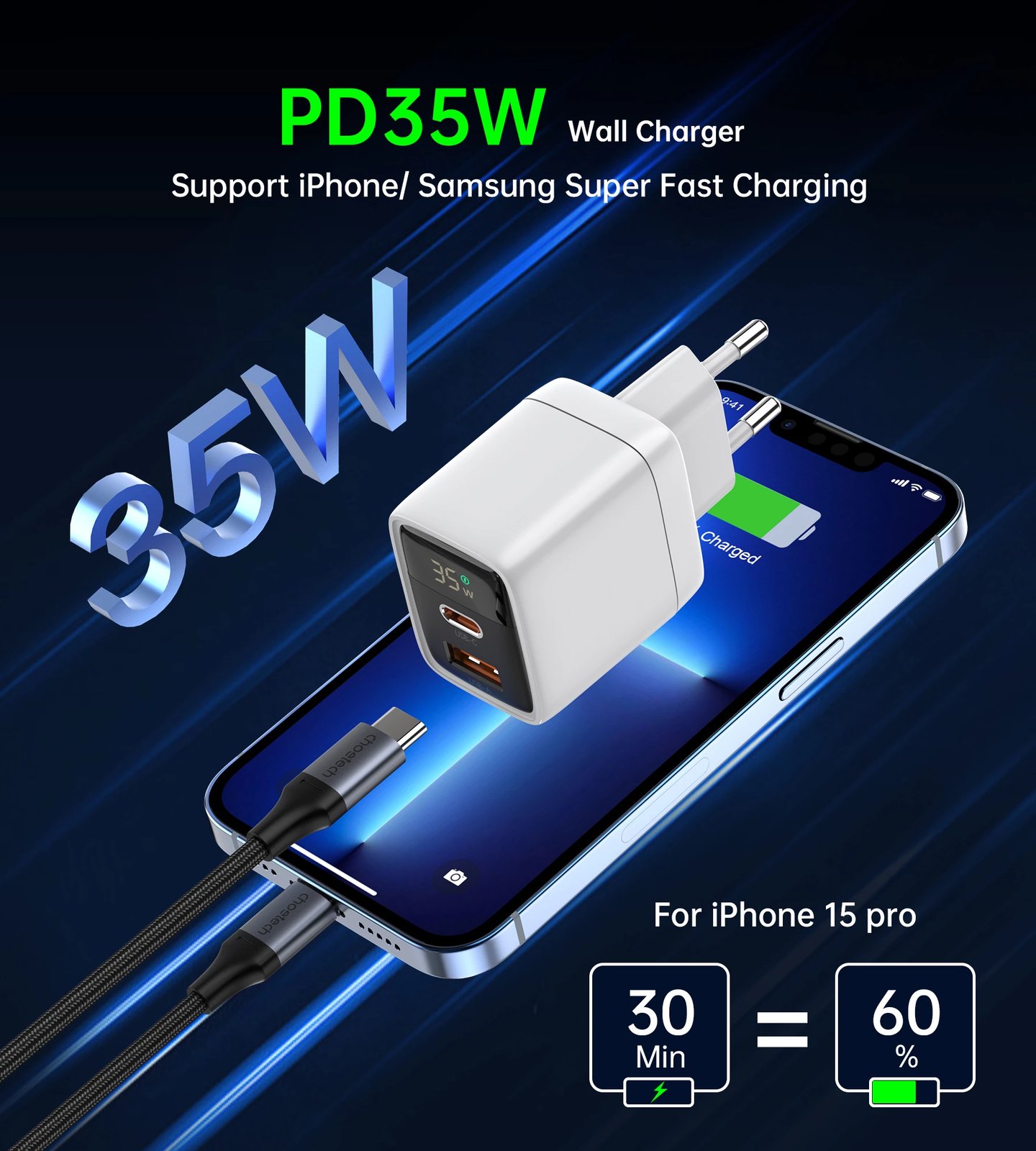 Karikues muri Choetech PD6052, 35W, USB-C & USB-A, me ekran, i bardhë