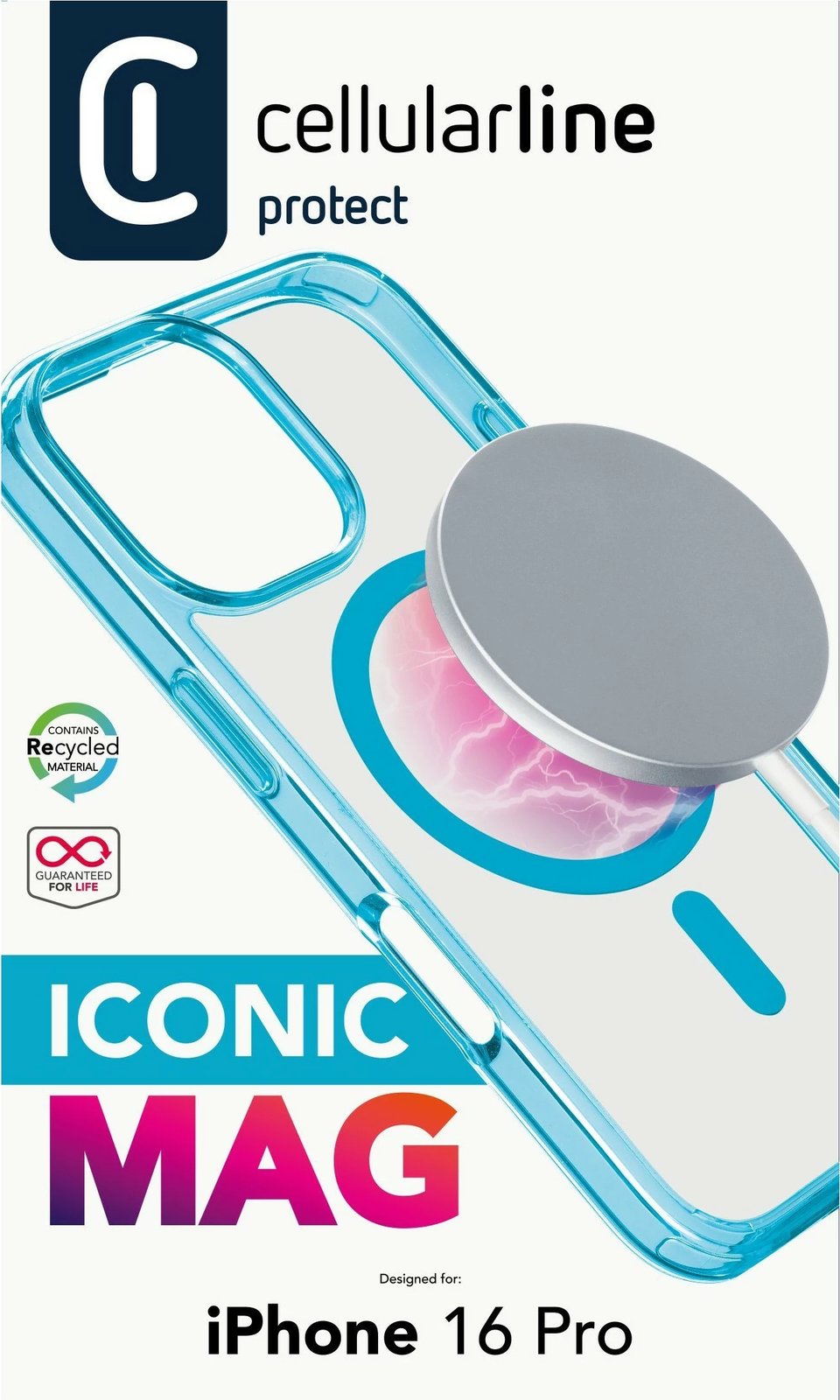 Mbështjellës Cellular Line ICONIC MAG për iPhone 16 Pro, MagSafe, 6.3", blu