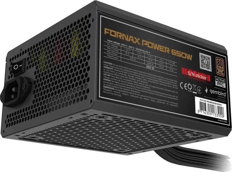 Kasë furnizuesi Gembird Fornax Power 650W, 80 PLUS Bronze, e zezë