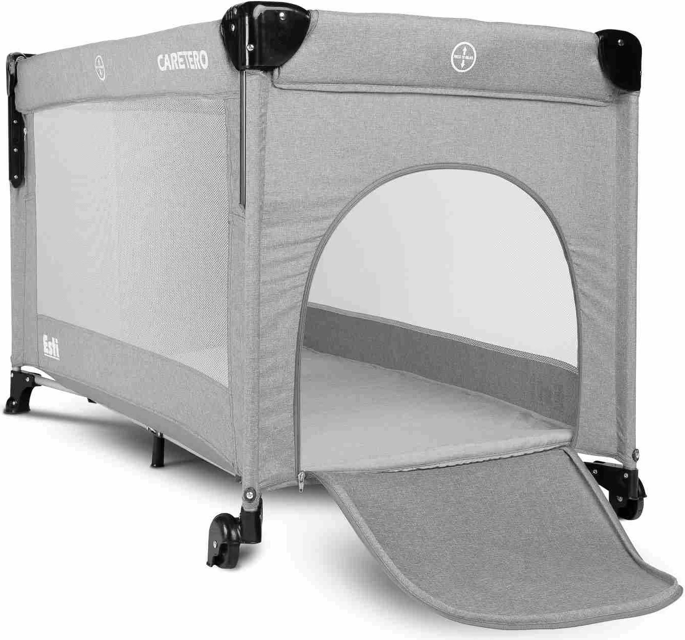 Krevat udhëtimi, CARETERO, Esti, 120x60 cm, me anësore të ulshme dhe rrota, gri