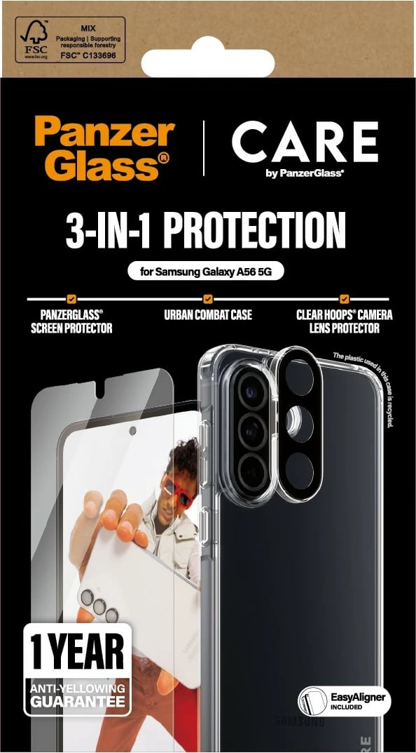 Mbështjellës PanzerGlass për Samsung Galaxy A56 5G, set 3-në-1, transparent