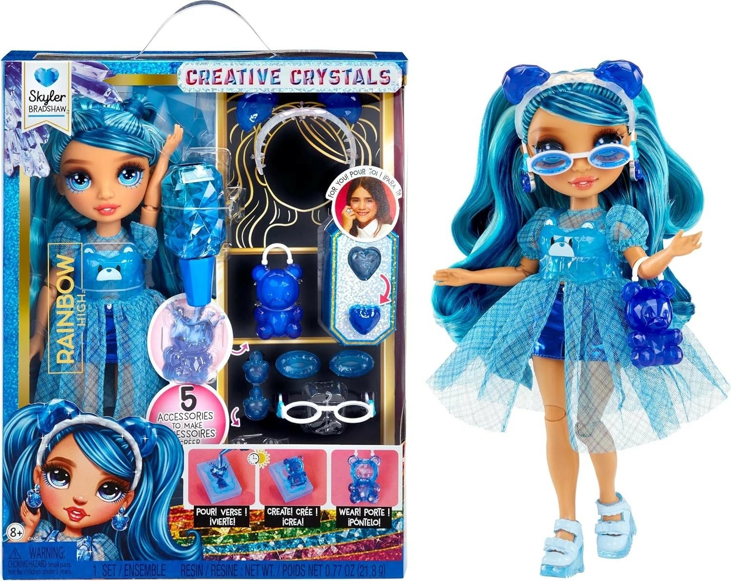 Set lodër Rainbow High Creative Crystals Skyler, me aksesorë të personalizueshëm, kaltër