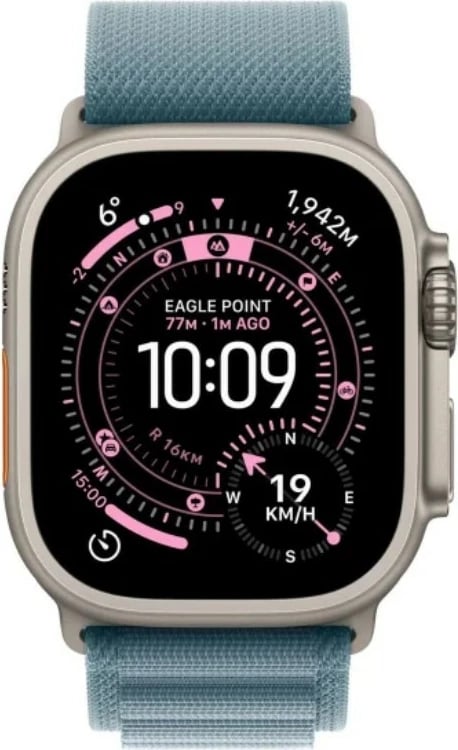 Smartwatch Apple Watch Ultra 3 GPS + Cellular 49 mm, 64 GB, kasë titan, rrip Alpine L, titan natyral blu e çelët