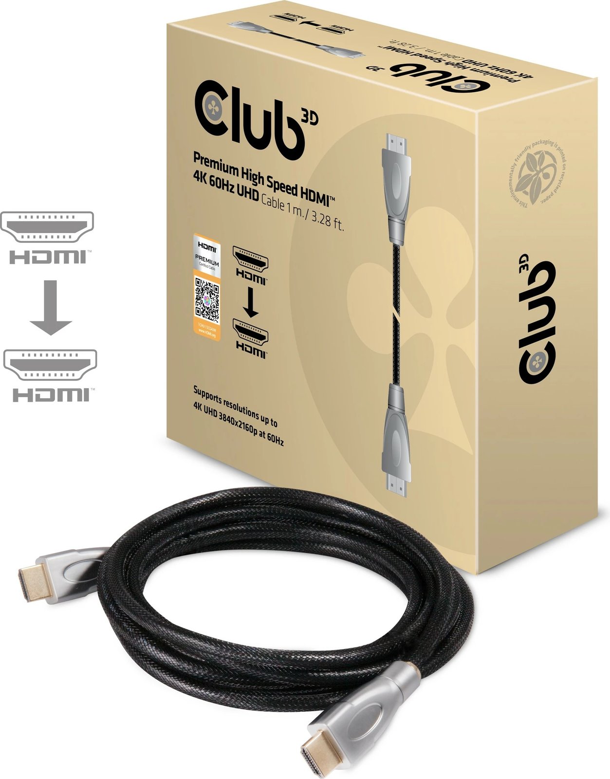 Kabllo HDMI Club3D 2.0 High Speed 1m, 4K60Hz, zi/argjendtë