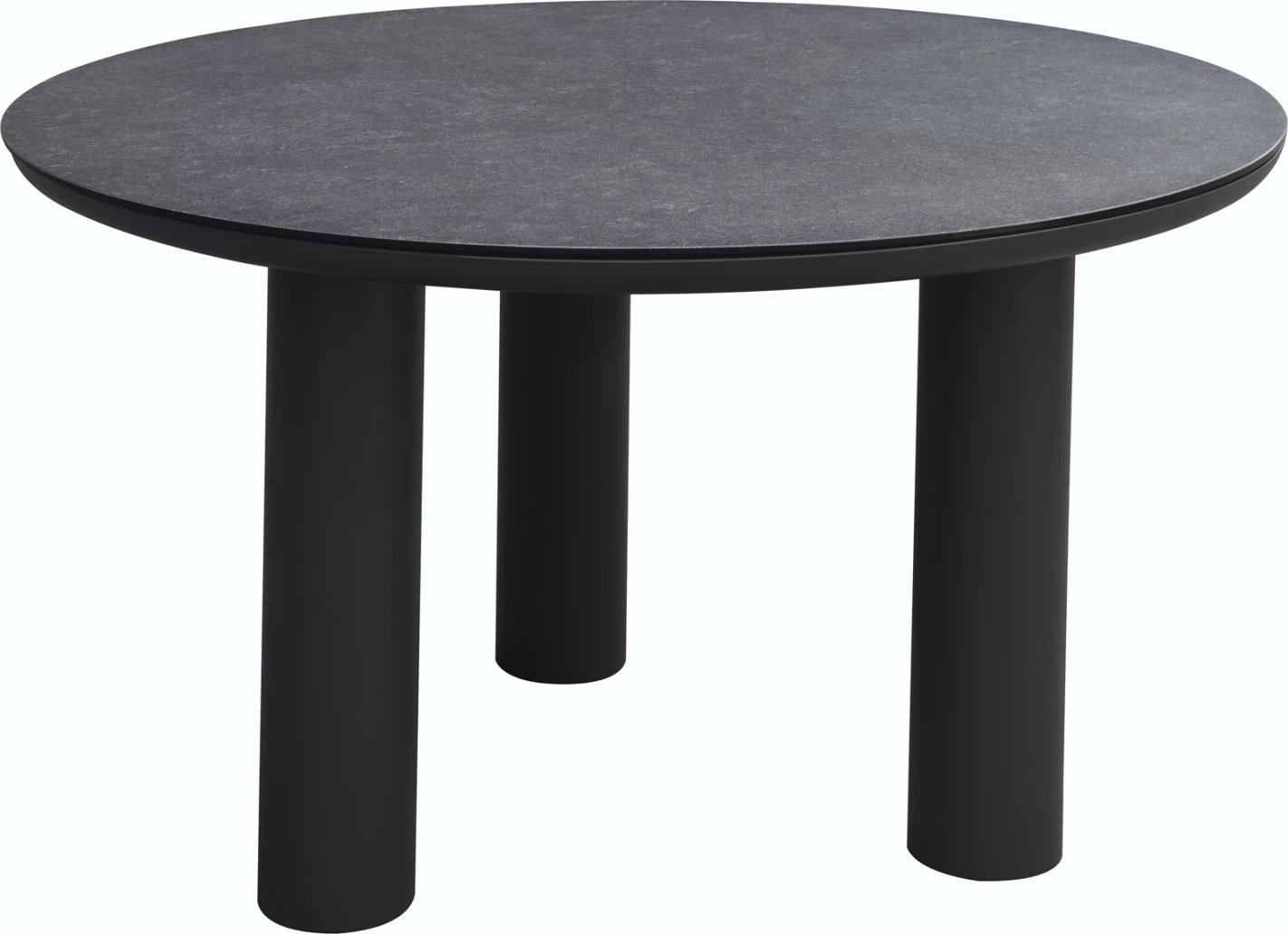 Tavolinë e rrumbullakët alumini DOSUN FH6201.01, kornizë ngjyrë gri e errët, sipërfaqe tavoline qelqi 3D me pamje qeramike, Φ120cm