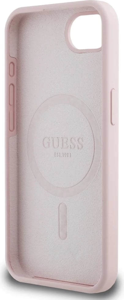 Mbështjellës Guess Silicone Script Metal Logo MagSafe për iPhone 16e, Rozë