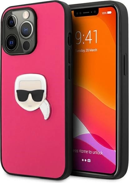 Mbështjellës Karl Lagerfeld Leather Ikonik Karl's Head Metal për iPhone 13 Pro/13, Rozë