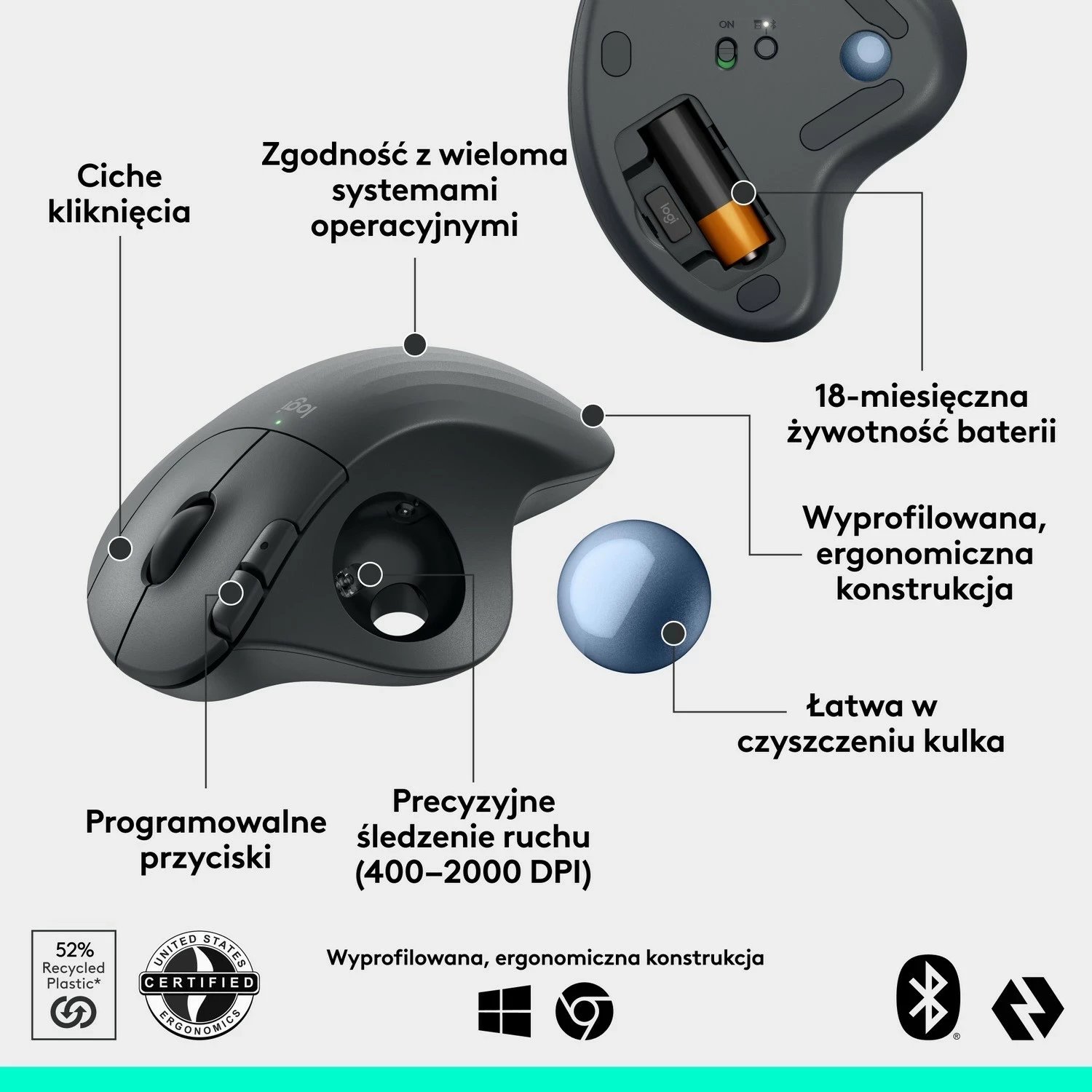 Maus Logitech M575S, Ergonomik, Wireless, Grafit