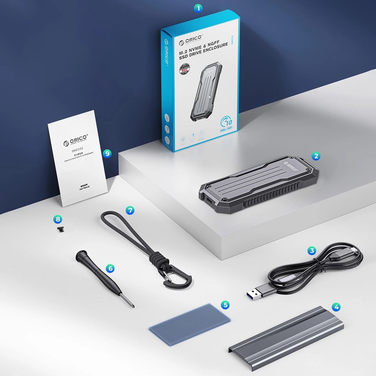 Kasë Orico OXS2C3-G2 për SSD M.2 NVMe/SATA, USB-C 3.2, Gri