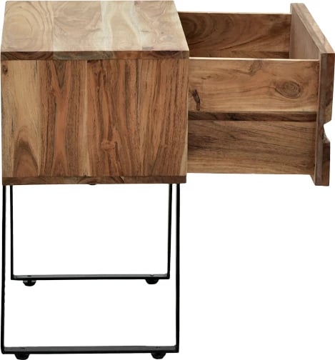 Komodinë anës krevati Imena, dru akacie natyrale, këmbë metalike të zeza, 45x35x56cm