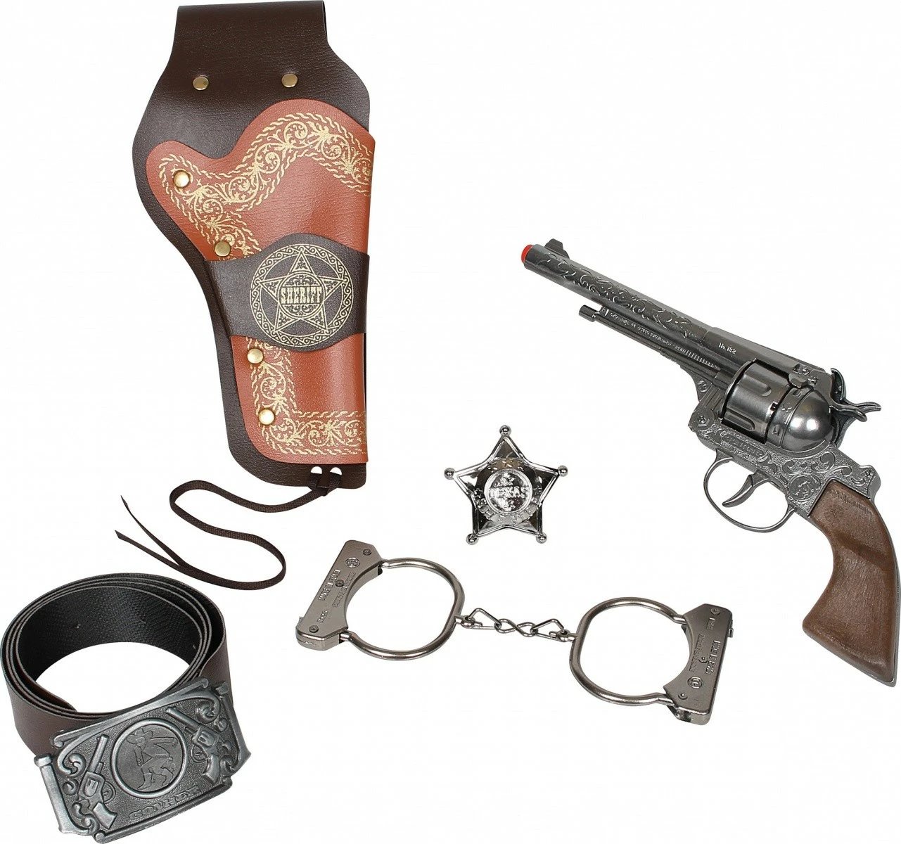 Set kauboj Gonher me 5 pjesë, Pulio, revole metalike, rrip, pranga, yll sherifi, Kafe/Zeze