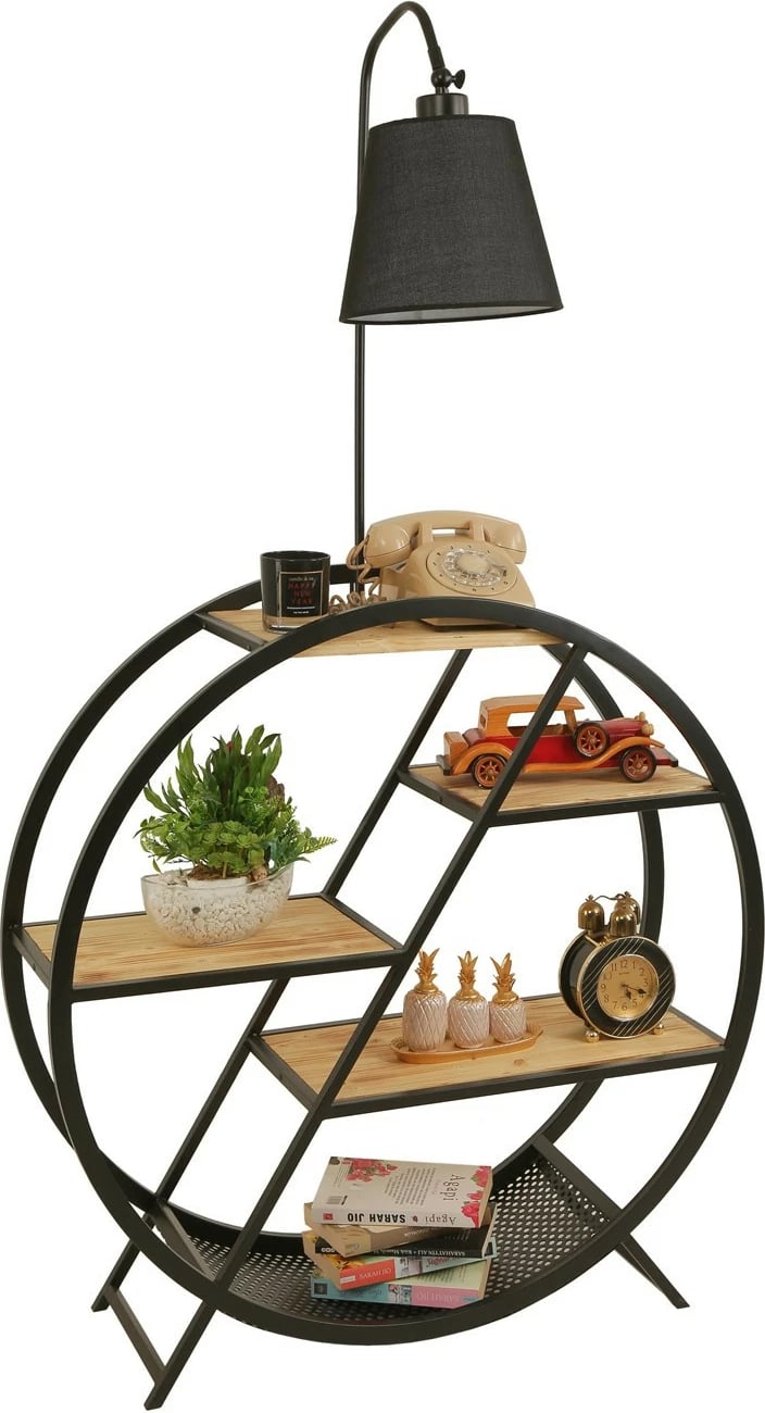 Llambë dyshemeje Opviq, 8530-3, trup metalik, raft librash prej druri, ngjyrë e zezë