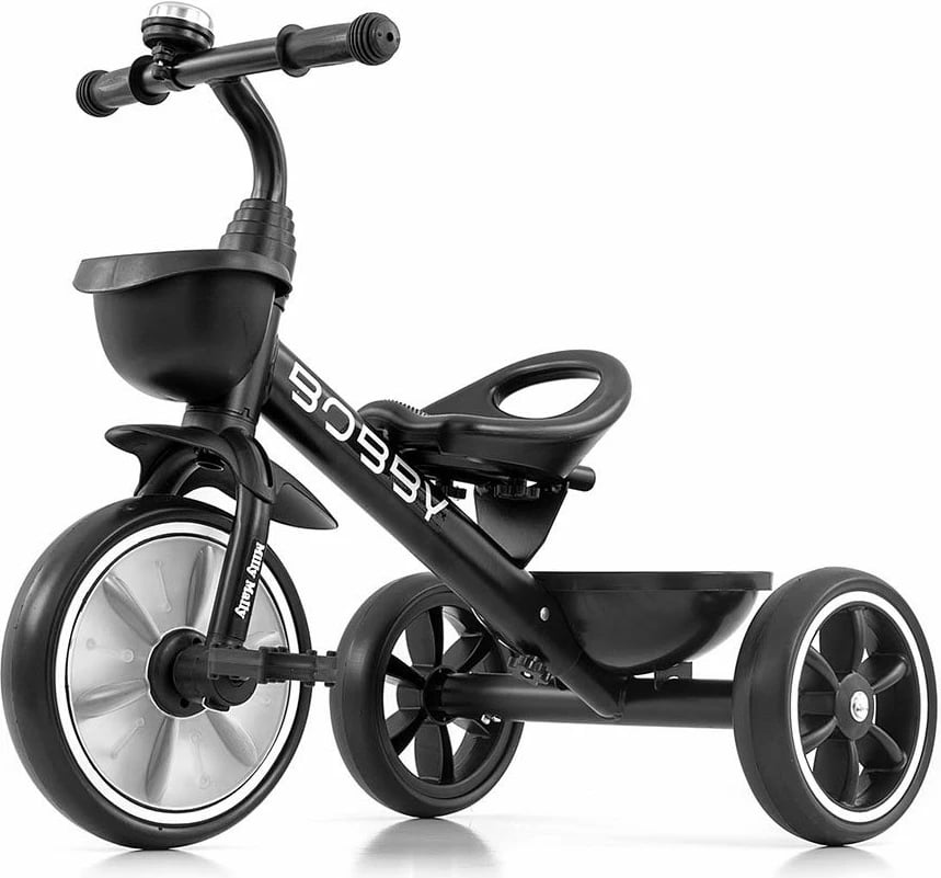 tricikletë fëmijësh, Milly Mally Bobby, kornizë çeliku, rrota EVA, pedale të heqshme, dy shporta, e zezë