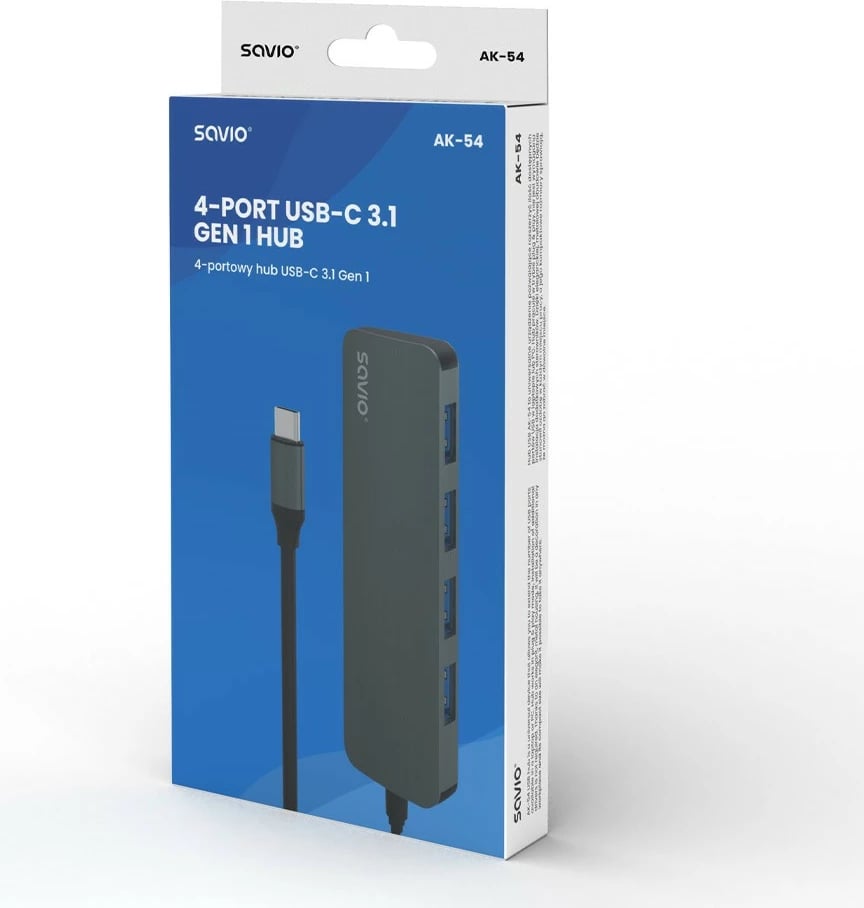HUB USB 4-portësh Savio AK-54, USB-C në 4x USB-A, 3.1 Gen 1, Gri