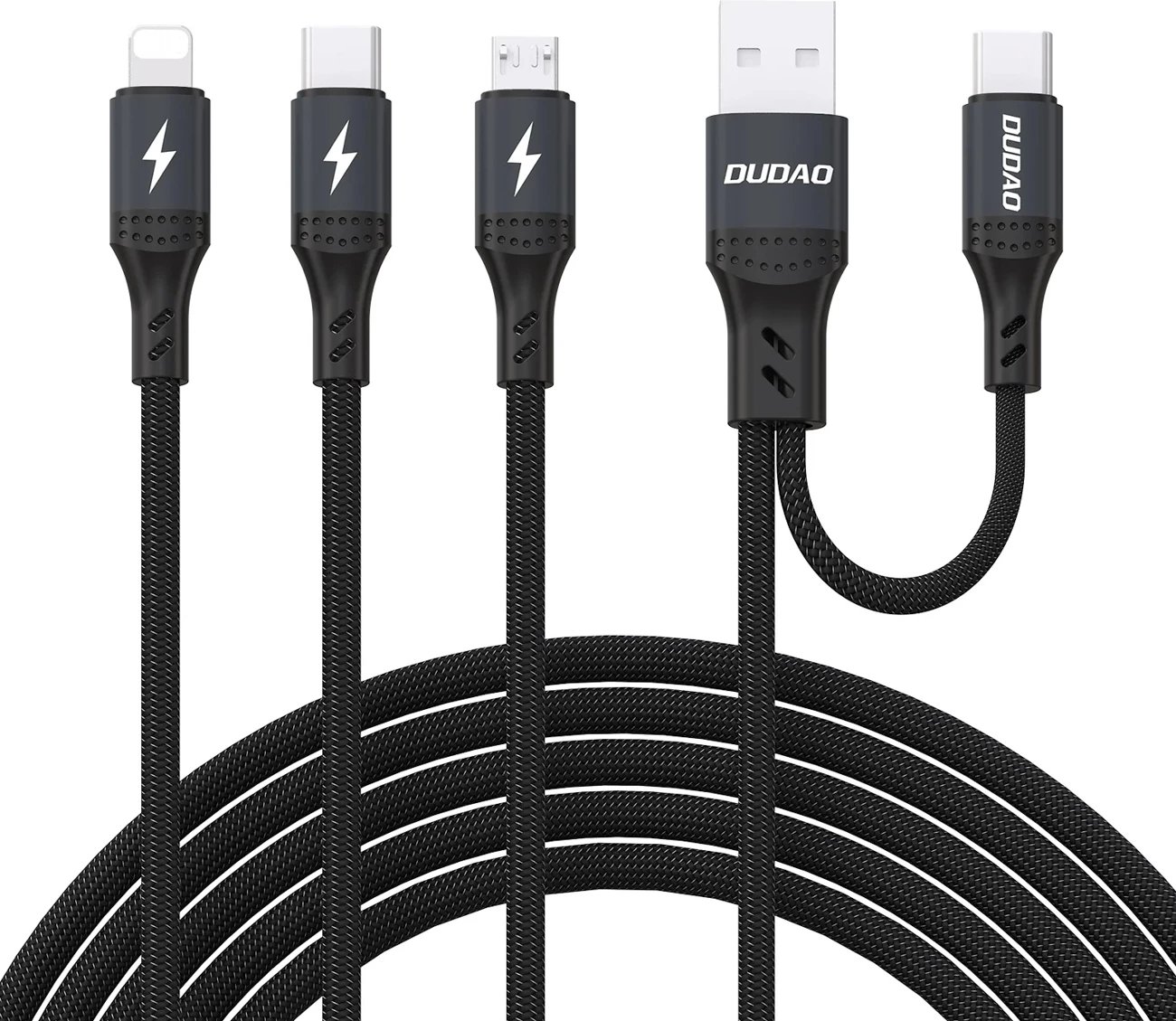 Kabëll karikimi dhe të dhënash 3-në-1, Dudao L3W, 1.2 m, 66W, USB-A/USB-C në Lightning/USB-C/MicroUSB, e zezë