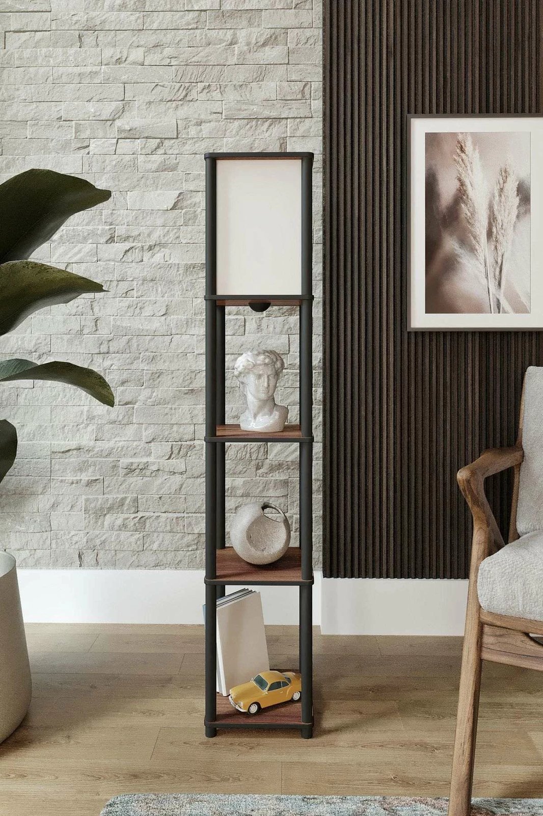 Llambë dyshemeje Opviq, raft me ndriçim, ngjyrë arre, TierShelfLampz2