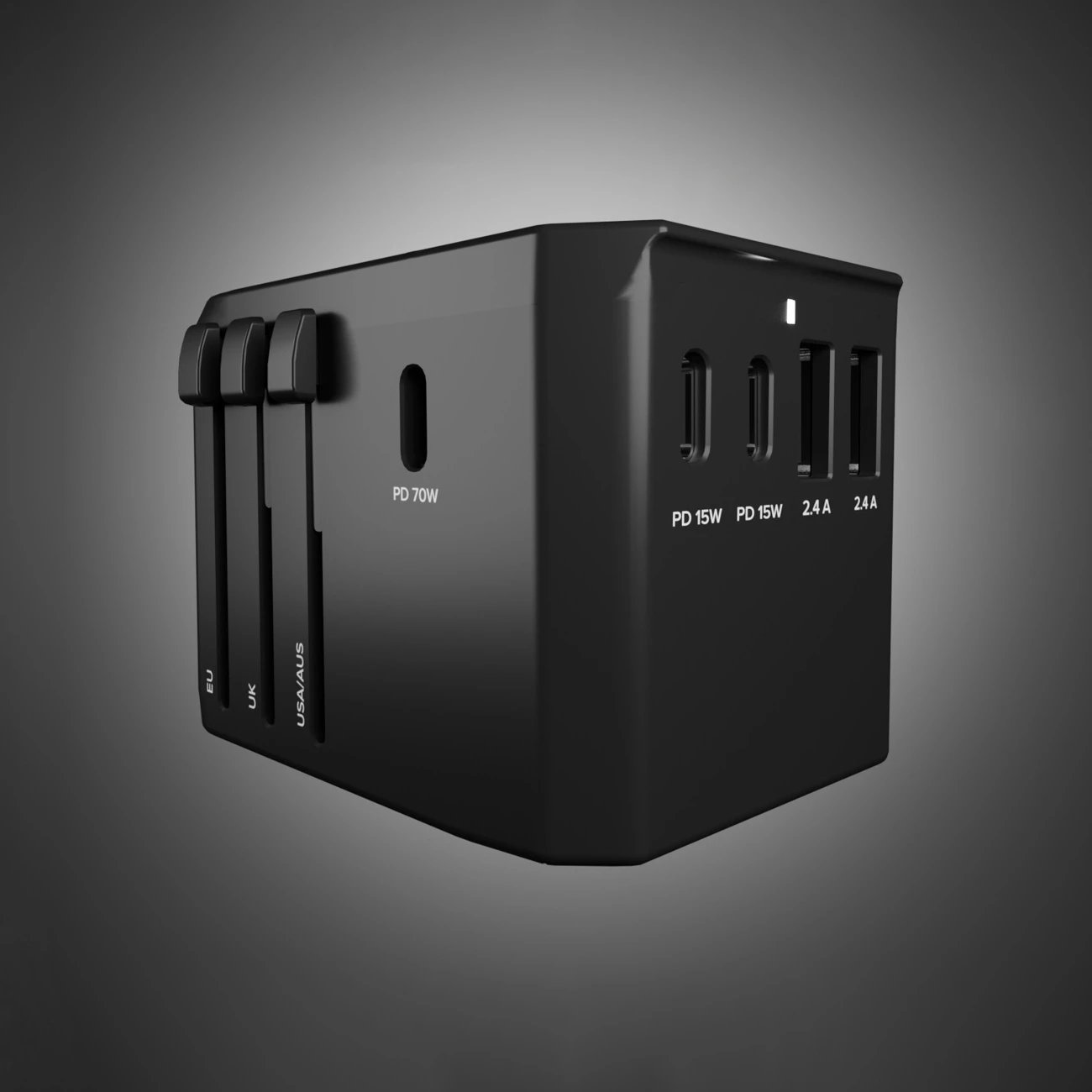 Adapter udhëtimi GaN 70W, SBS, 5 porta USB-A/USB-C, PD, prizë globale EU/UK/US/AU, me pouch, e zezë